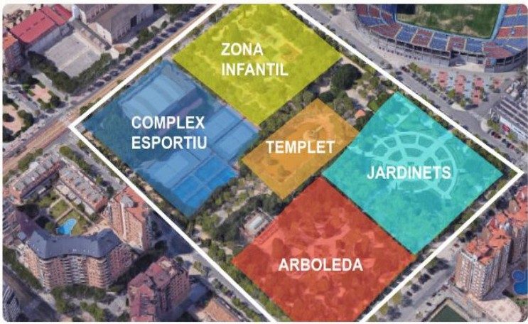 Parc d'Orriols divided into areas: playground, sports complex, bandstand, gardens and grove