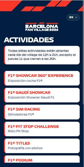 Listado de actividades del F1 Barcelona Fan Village